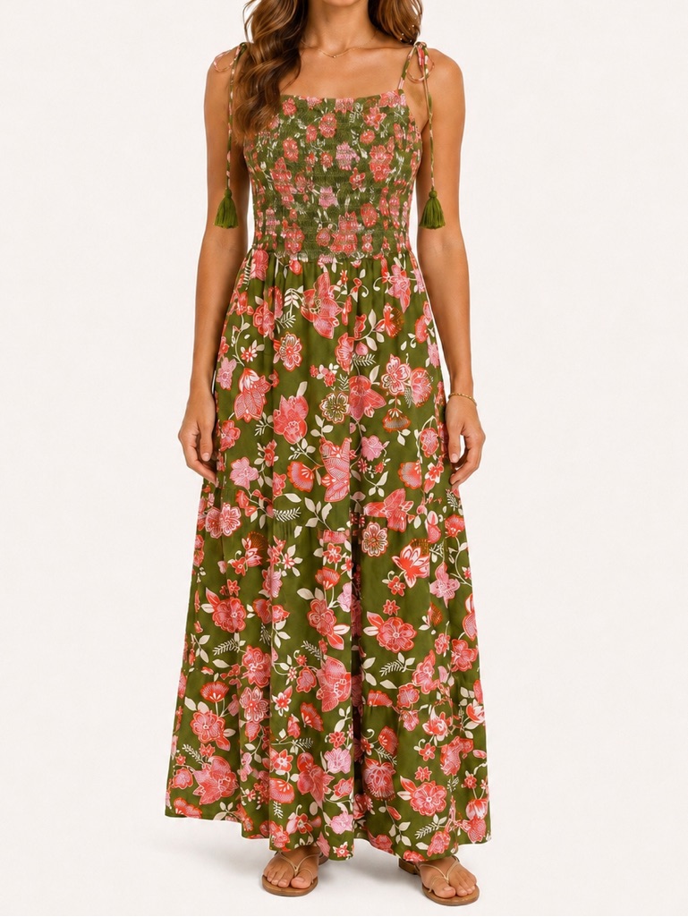 Patrons Of Peace Floral Smocked Maxi Dress Olive Pink Tassel Tie L